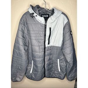 Hurley Gray Colorblock Hooded Puffer Jacket Men's Full Zip Insulated X-Large-134